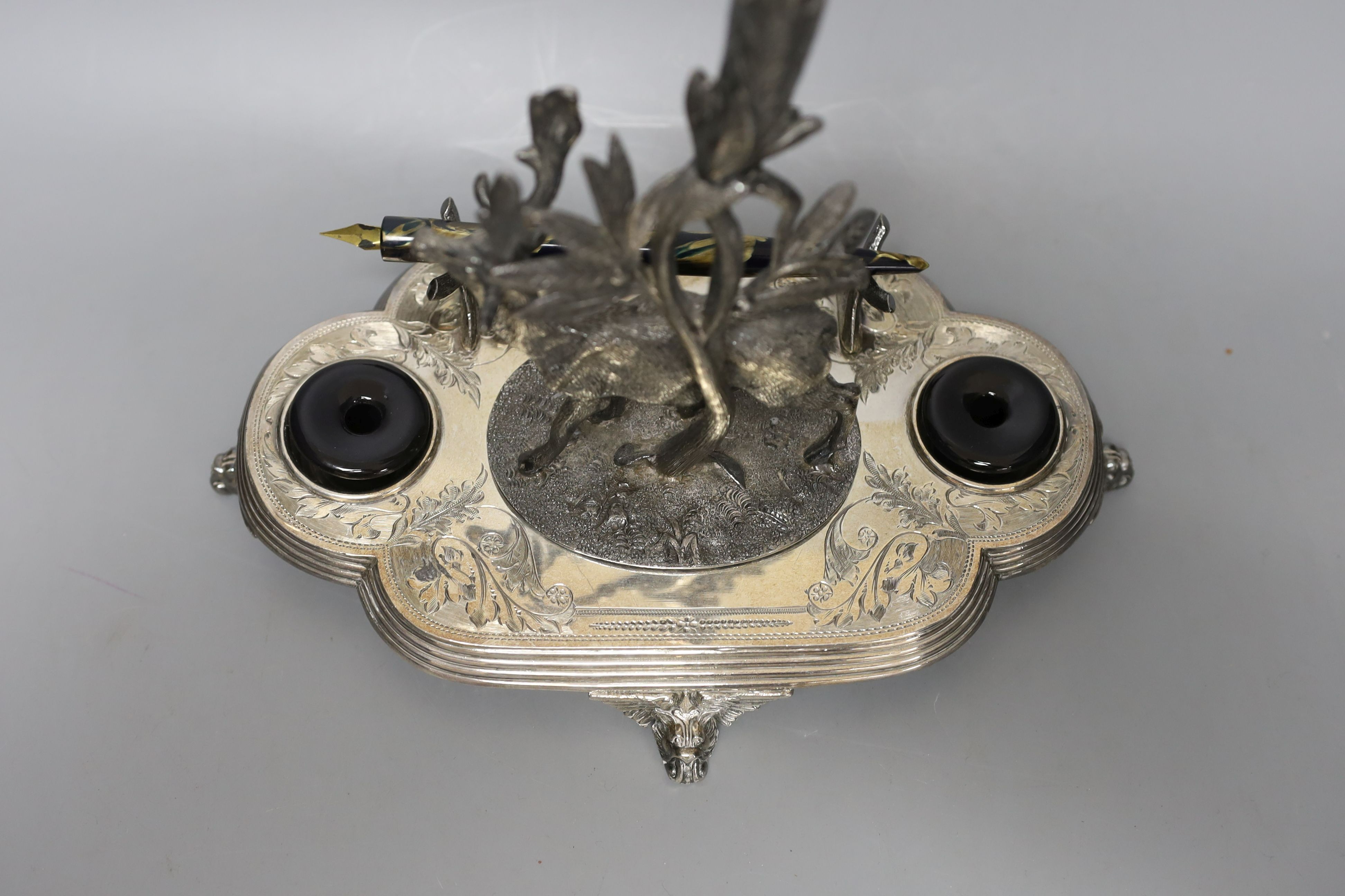 A Victorian plated ‘stag’ desk inkstand - 22cm tall